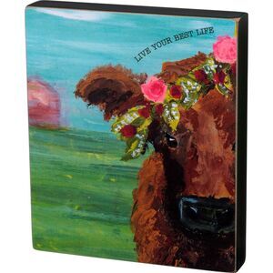 Primitives by Kathy Live Your Best Life Farm Cow Wood Block Sign 7 Inches